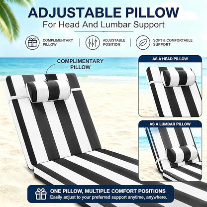Chaise Lounge Cushion for Outdoor Furniture, Waterproof, Fade-Resistant and Tear Resistant, Patio Lounger Pads with Removable Cover for Pool, Deck, Lawn, 72x21x4 Inch, Black & White Stripe
