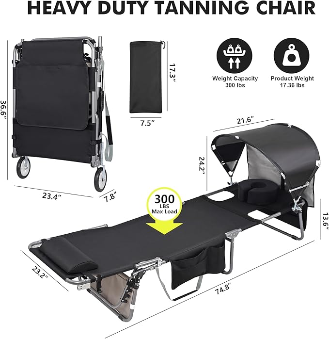 Wheel-To-Go Tanning Chair with Wheels & Sun Canopy Umbrella & Face Hole | Portable Heavy Duty Folding Lounge Chair | Outside Sunbathing Reading Beach Poolside Lawn | Lay Flat | 300 LBS (Patent Design)