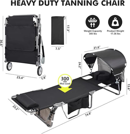 Wheel-To-Go Tanning Chair with Wheels & Sun Canopy Umbrella & Face Hole | Portable Heavy Duty Folding Lounge Chair | Outside Sunbathing Reading Beach Poolside Lawn | Lay Flat | 300 LBS (Patent Design)