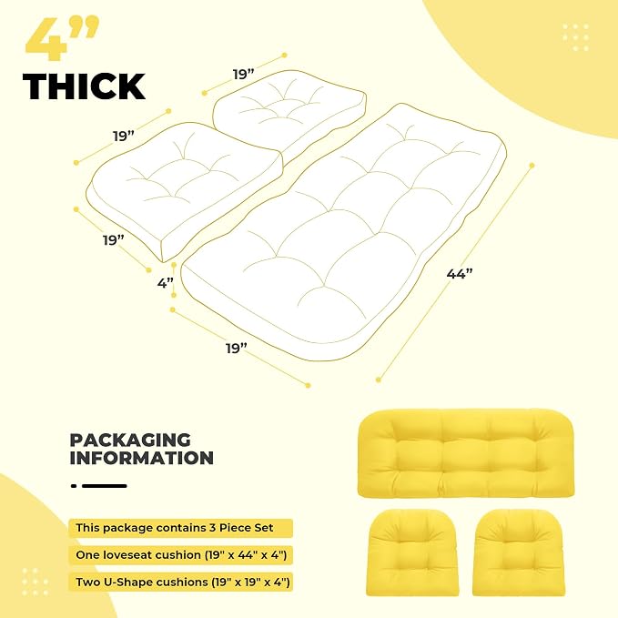 DANGHOOGY Wicker Chair Cushions, Waterproof Outdoor Loveseat Cushions for Patio Furniture, Tufted Wicker Furniture Cushions, 1 Loveseat and 2 U-Shaped Cushions, Yellow