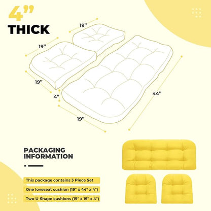 DANGHOOGY Wicker Chair Cushions, Waterproof Outdoor Loveseat Cushions for Patio Furniture, Tufted Wicker Furniture Cushions, 1 Loveseat and 2 U-Shaped Cushions, Yellow