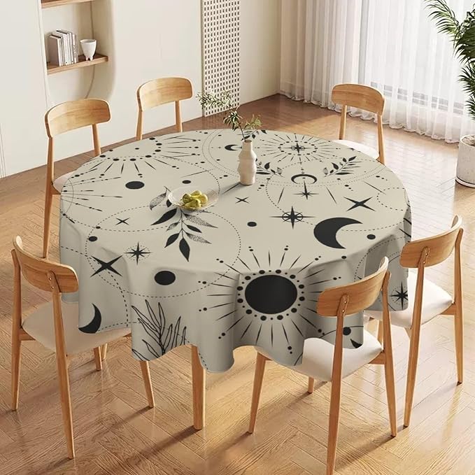 Sun Moon Round Tablecloth Vintage Boho Astrology Star Crescent Galaxy Space Table Cloth Water Resistant Wipeable Table Cover for Farmhouse Picnic Party Holiday Kitchen Dinner Table 50"