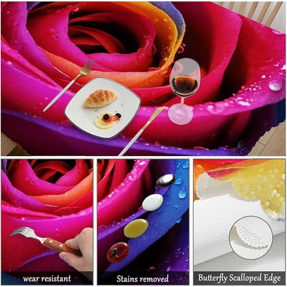 Swono Rose Table Cover Colorful Rose Flowers with Water Drops 50x72 Inch Table Cloth Kitchen Dinning Tablecloth for Rectangle Tables Buffet Parties Coffee BBQ Weddings