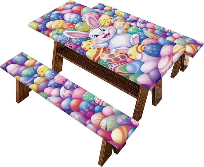Easter Bunny Eggs Picnic Table Cover for Outdoor Camping Easter Bunny Eggs Elastic Fitted Table Cloth for Camping Party Supplies 3 PCS Set