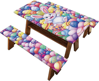 Easter Bunny Eggs Picnic Table Cover for Outdoor Camping Easter Bunny Eggs Elastic Fitted Table Cloth for Camping Party Supplies 3 PCS Set