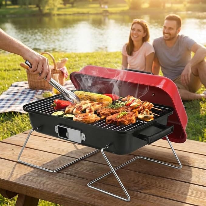 Portable Charcoal Grill, Outdoor Tabletop BBQ Grill, Compact Folding Barbecue Smoker with Lid for Backyard Camping Picnics Beach, Small Charcoal Grill with Ventilated Cooking Chamb