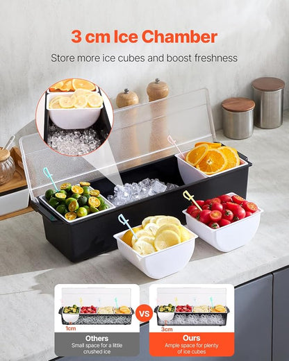 VEVOR Chilled Condiment Server, 4 Compartment Ice Cooled Condiment Serving Container, Chilled Garnish Tray Bar Caddy with Lid, for Bartending & Serving Taco, Salad, Fruit, Home & Restaurant Supplies