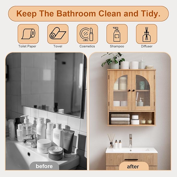 Bathroom Wall Cabinet, Bathroom Storage Cabinet Over Toilet, Medicine Cabinet with Arched Glass Doors & Adjustable Shelves, Wall Mounted Bathroom Cabinet with Open Storage Shelf, Natural