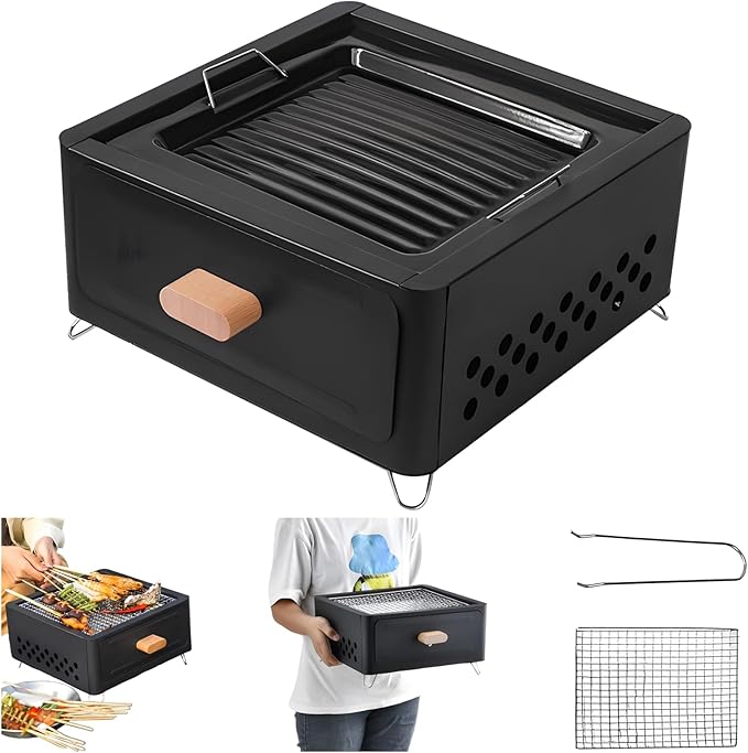 Desktop Charcoal Grill, Charcoals Grills Barbecue Grill Portable BBQ Charcoal Grill for Outdoor Cooking Camping Hiking Picnics Backpacking, Saving Space Grills (Black)
