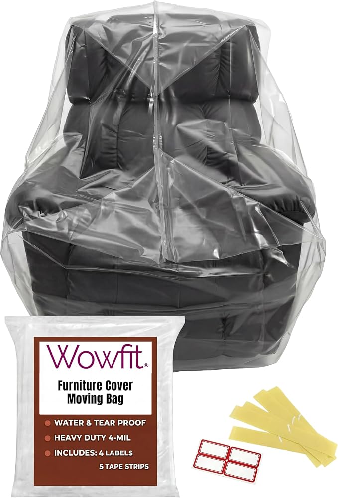 Wowfit 4mil Furniture Cover for Moving, Chair Storage Bag, 34Wx42Dx65/48H | With Tape Strips & Labels, Clear, Heavy Duty, Waterproof, Dustproof, Reusable, Recliner/Accent Chair, Patio/Garage, Pet Guard
