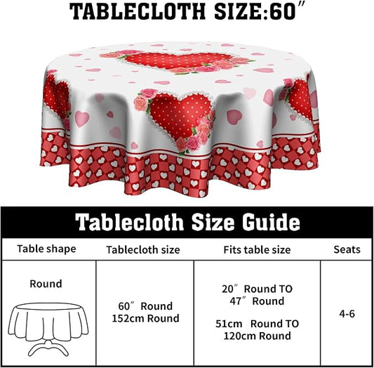 Sweetshow Valentines Day Table Cloth Round Red Hearts Pink Rose Flower Tablecloth 70 Inch with Check Plaid Decor Washable Stain and Wrinkle Love Romantic Round Table Cover for Dining Picnic