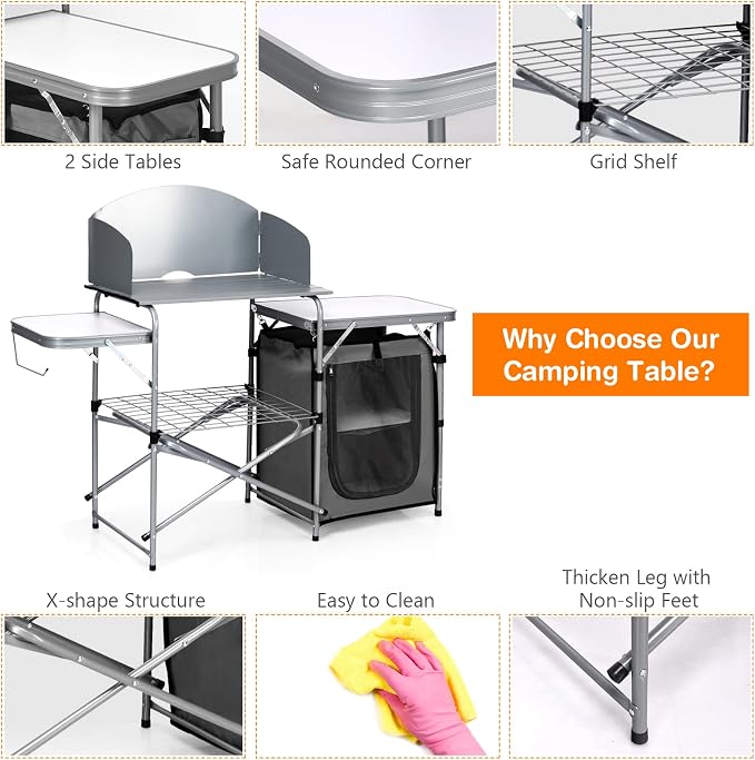 Giantex Folding Grill Table with 26'' Tabletop and Detachable Windscreen, Aluminum Portable Camp Cook Station Carry Bag Quick Set-up, BBQ Camping Picnic Backyard Outdoor Camping Kitchen Table (Grey)