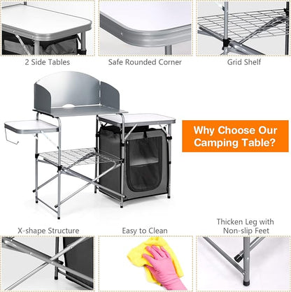 Giantex Folding Grill Table with 26'' Tabletop and Detachable Windscreen, Aluminum Portable Camp Cook Station Carry Bag Quick Set-up, BBQ Camping Picnic Backyard Outdoor Camping Kitchen Table (Grey)