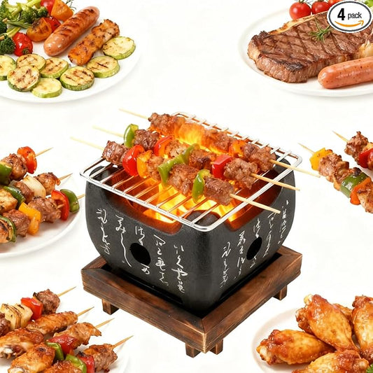 BBQ Grill, Mini Portable Japanese Charcoal Stove with Even Heat Distribution Compact 16.5x14.5cm for Camping Picnics Tailgate Parties Balcony Cookouts