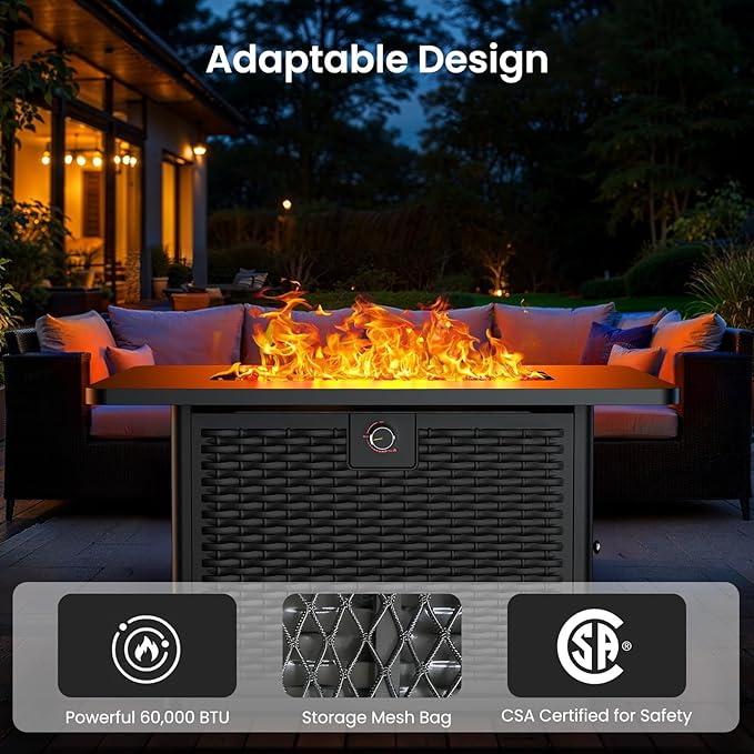 Ciays 43-Inch Rectangular Propane Fire Pit with 60,000 BTU Output, Gas with Rocks, Table CSA-Certified 2 in 1Table Gatherings Parties with 304 Stainless Steel H-Burner