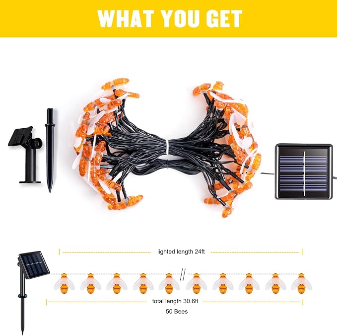 JMEXSUSS 2 Pack Solar String Lights Outdoor, 50 LED, Bee | Outdoor Waterproof, Warm White, 8 Modes Twinkle Lights Solar Fairy Lights for Garden Patio Yard Tree Christmas Decorations