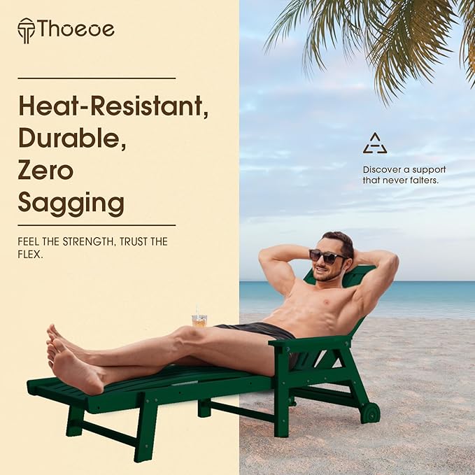 THOEOE Patio Chaise Lounge Chair Set of 2, Oversized Lounge Chair Outdoor with 5 Positions, 78″ Long, HDPE, Patio Lounge Chair with Wheels & Cup Holder for Pool, Deck, Poolside,Green