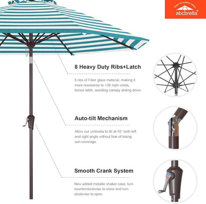 ABCCANOPY OLEFIN® 5-Year No Fading 9FT Patio Umbrella(Turquoise Stripe) | Fade & UV Resistant Fabric,8 Fiberglass Ribs，Wind Vent，Crank Lift & Tilt,Outdoor Table Umbrella for Deck,Backyard,Yard