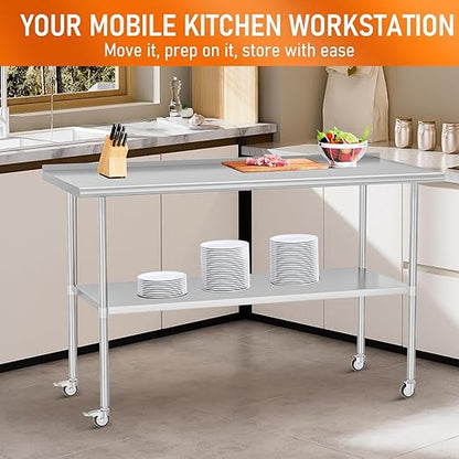 Stainless Steel Prep Table 30" X 60" with Adjustable Undershelf, Backsplash and Wheels, Commercial Metal Workstations for Kitchen, Garage, Home and Hotel