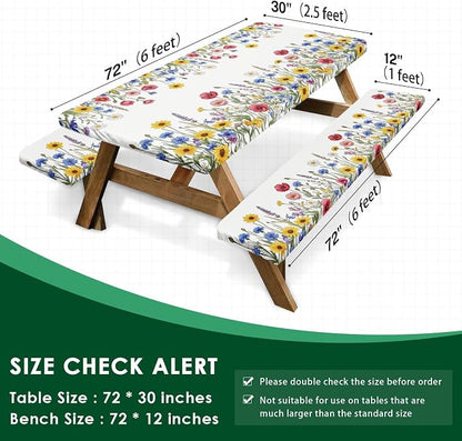 Picnic Table Cover with Bench Covers, Wildflower, 72 Inch, 3PCS | Waterproof fitted tablecloth with elastic edges for outdoor camper camping essentials with drawstring bag