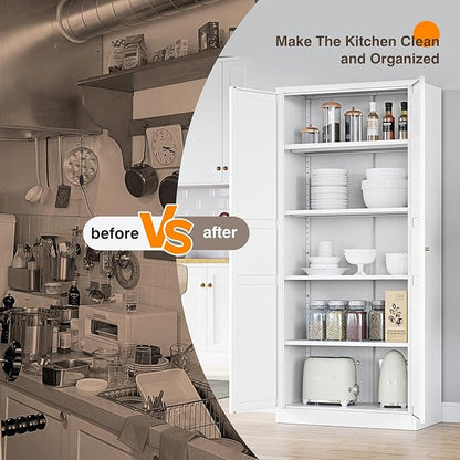 Yizosh Metal Storage Cabinet - 71" White Kitchen Pantry with 2 Doors and 5 Adjustable Shelves, 5-Tier Tall Steel Locker for Living Room, Dining Room