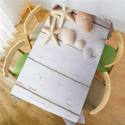 Swono Sea Shells Table Cloth Rustic Wood Seashell Starfish Marine Rope Rectangle Tablecloth Picnic Table Cover BBQ Table Cloth Polyester for Kitchen Home 50x72 Inch