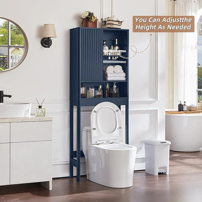 LEYAOYAO Fluted Over The Toilet Storage Cabinet, Farmhouse Over Toilet Bathroom Organizer with a Sliding Door, 68" Tall Blue Freestanding Washer Shelf with Adjustable Shelf & Curved Profile