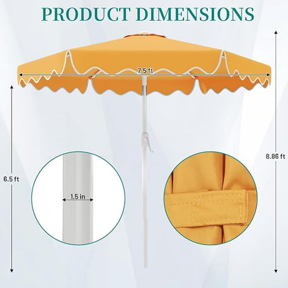 AreShark 7.5FT Outdoor Patio Umbrella with Wavy Trim (Mustard Yellow) | Market Table Umbrellas w/ 6 Sturdy Ribs, Crank & Tilt, White Pole, Pool Umbrella with UV-Fade Resistant Fabric, Heavy Frame