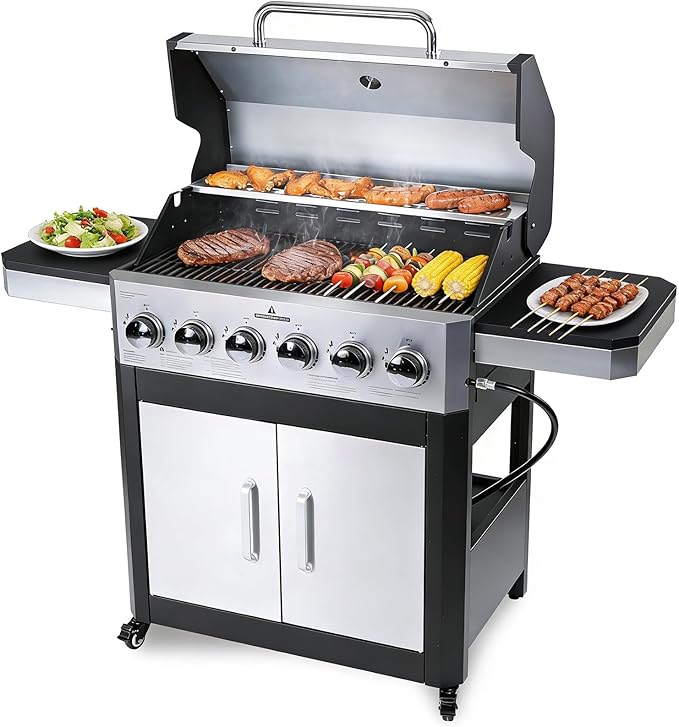 Redlife 6 Burner Propane Gas Grill, 60,000 BTU Outdoor BBQ Grill with Cast Iron Cooking Grates, Stainless Steel Warming Rack, Built-in Thermometer, Electronic Ignition, Side Shelves, Storage Cabinet