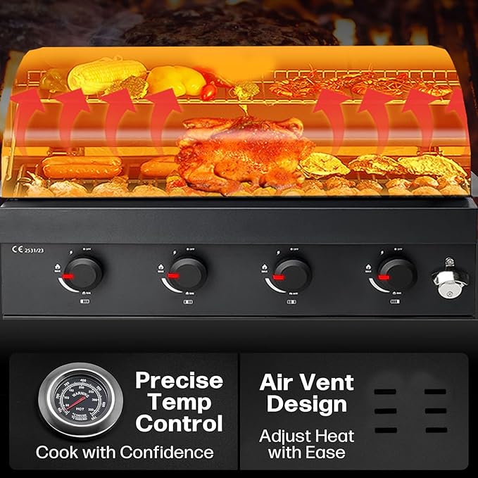 4-Burner Built-In Gas Grill, 30 Inch Super large barbecue area with 48,000 BTUs, Dual Fuel Charcoal & Gas Compatibility,Outdoor Kitchen Temperature Gauge
