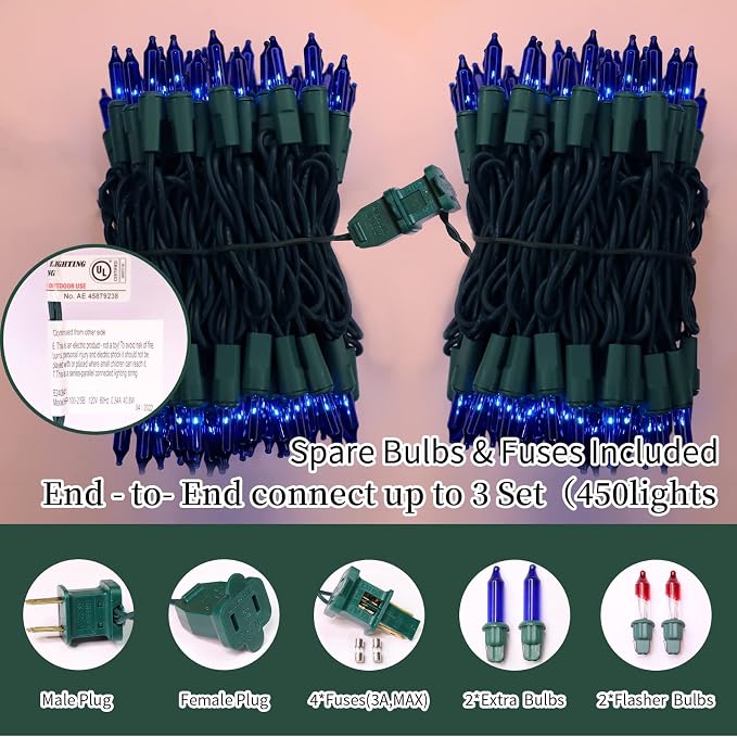 Super-Bright Extendable Blue Christmas Lights Decoration 150Lights 31.9ft UL Certified Mini Bulb String Lights Set for Outdoor Christmas Tree Garden Holiday Party Patio Wedding Garland Decor