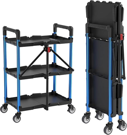 WORKPRO 3-Tier Collapsible Utility Cart, 210 LBS Cart with Wheels | No Assembly Required, Foldable Service Cart with Spacious Shelves for Garage, Warehouse, Office & Home Use, Black/Blue