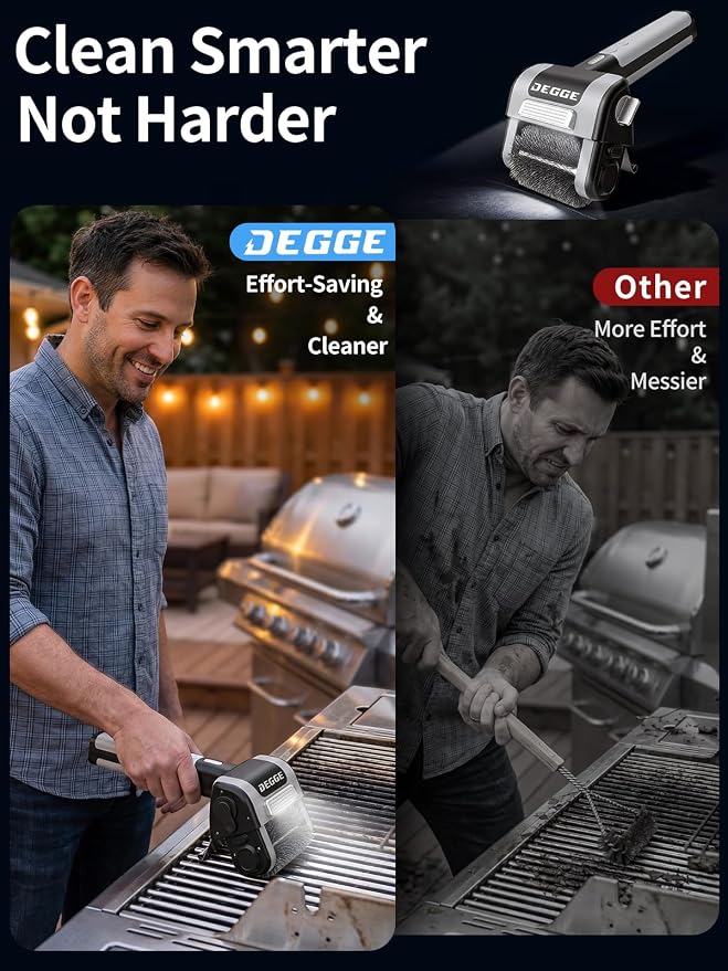 DEGGE Electric Grill Brush, Cordless BBQ Grill Cleaner with 4500mAh Battery | 800RPM High-Torque Motor, Built-in LED Light, 304 Stainless Steel Roller Brush for Uncoated Gas & Charcoal Grills