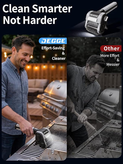 DEGGE Electric Grill Brush, Cordless BBQ Grill Cleaner with 4500mAh Battery | 800RPM High-Torque Motor, Built-in LED Light, 304 Stainless Steel Roller Brush for Uncoated Gas & Charcoal Grills