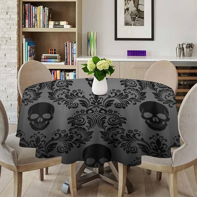 Gothic Black Damask Round Tablecloth, Vintage Floral Exotic Suger Skull Bohemian Antique Victorian Table Cloth Water Resistant Table Cover for Farmhouse Party Holiday Kitchen Dinner Table 50"