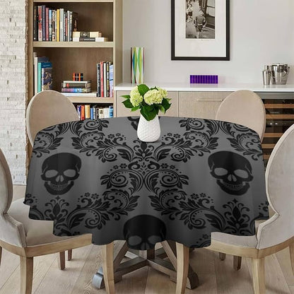 Gothic Black Damask Round Tablecloth, Vintage Floral Exotic Suger Skull Bohemian Antique Victorian Table Cloth Water Resistant Table Cover for Farmhouse Party Holiday Kitchen Dinner Table 70"