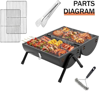 Portable bbq Charcoal Grill Small Folding Table Top Charcoal Grill for Outdoor Camping Two Side Carbon Smoker Griller with bbq Grill Brush and Metal Tongs (Black)
