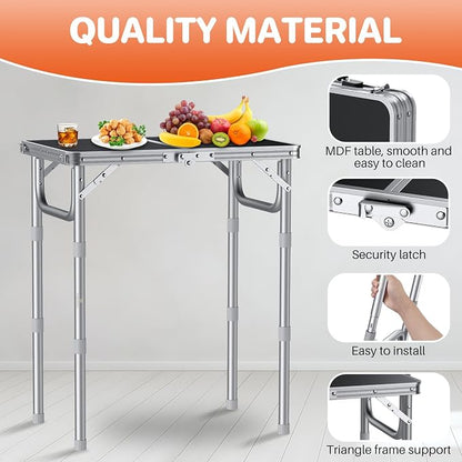 FUNYKICH 2ft Folding Camping Table 22.8''x15.7''x27.5'',3 Height Adjustable | Lightweight Aluminum Outdoor Small Tables with Carry Handle for Car Camping, Backpacking, Picnic, BBQ, Silver