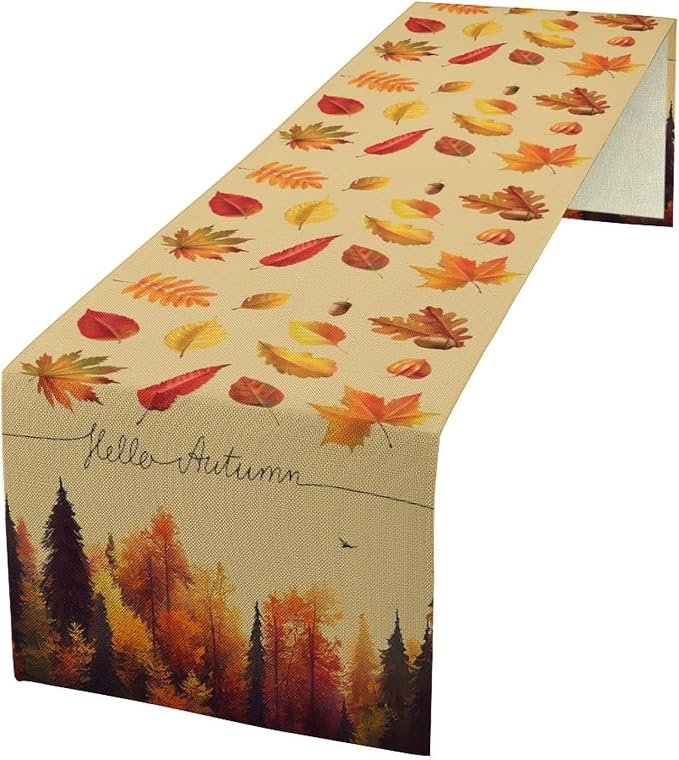 Maple Leaves Fall Forest Table Runner Seasonal Autumn Tree Kitchen Dining Table Decoration for Home Kitchen Table Decor Dining Coffee Room Party Decor 13x70in
