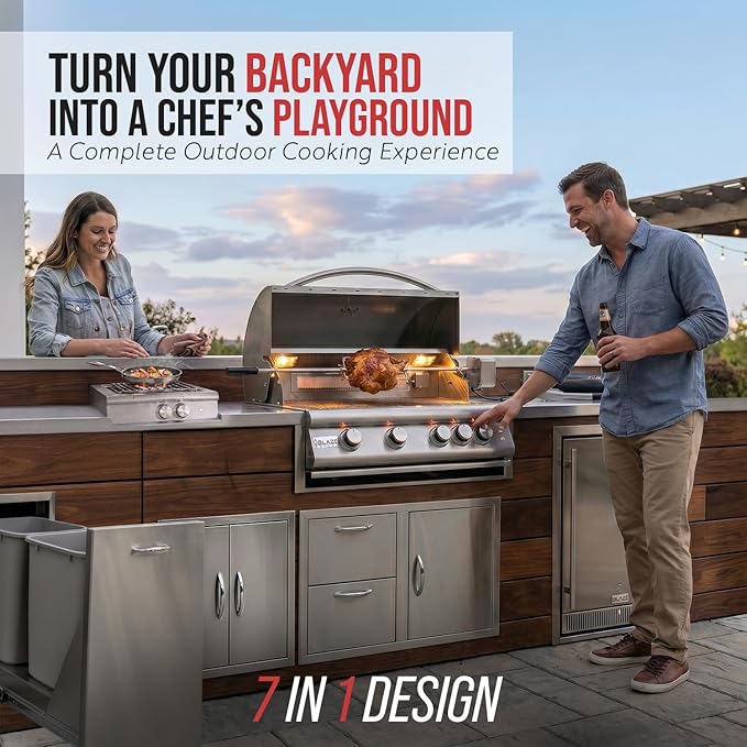 BLAZE BBQ Outdoor Gas Grill Package of 32” LTE Built-in Gas Grill, LTE Gas Griddle, LTE Gas Power Burner, 32” Door & Two Drawers Combo, Trash Drawer, Double Access Door, Refrigerator, and Accessories