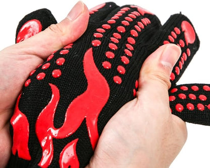 Heat Resistant BBQ Gloves, 1472°F Grilling Gloves with Silicone Non-Slip Grip, Long Cuff Oven Gloves for Barbecue, Cooking, Baking, Smoker, Fryer and Kitchen Use, 1 Pair (Red)