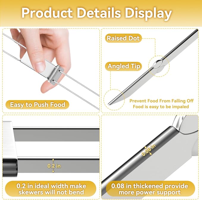 Skewers for Grilling, 16"（16PCS）Dual-Prong Flat Stainless Steel with Slider