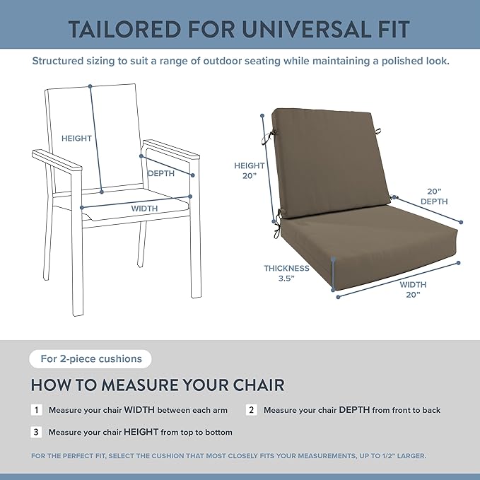 California Umbrella Outdoor Dining Chair, Patio Seat Cushion, 20 x 40 Inch, Premium Outdoor Memory Foam, Fade Resistant Sunbrella Fabric, Fabric Ties,Taupe