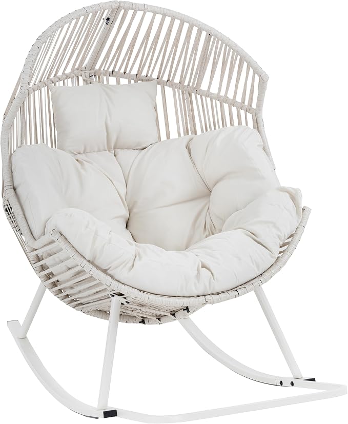 Shintenchi Egg Chair Outdoor, Oversized Outdoor Indoor Wicker Rocking Chair, Large PE Rattan Egg Rocking Chair with Cushion for Patio, Balcony, Backyard, Garden, White
