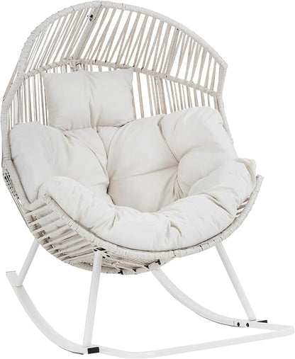 Shintenchi Egg Chair Outdoor, Oversized Outdoor Indoor Wicker Rocking Chair, Large PE Rattan Egg Rocking Chair with Cushion for Patio, Balcony, Backyard, Garden, White