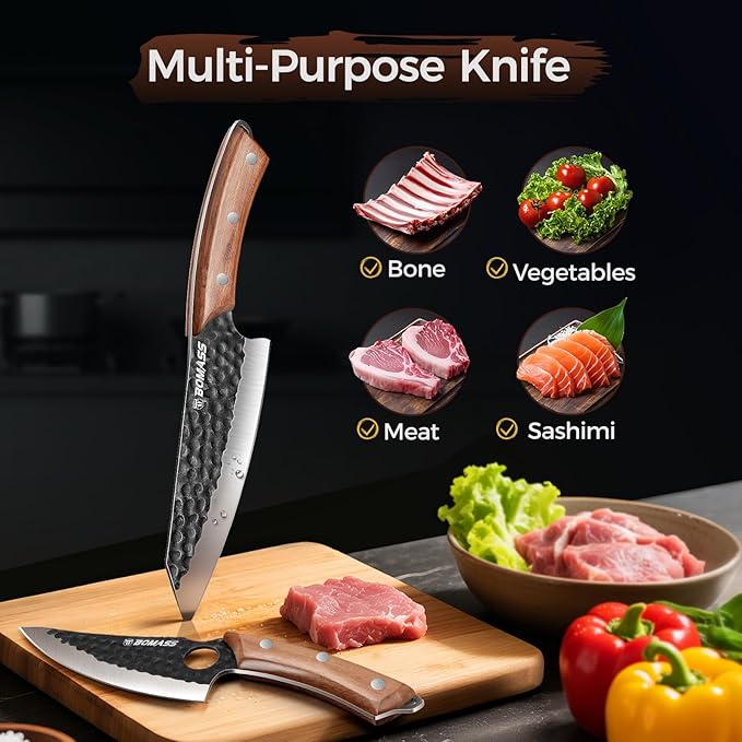 3PCS Hand Forged Japanese Chef Knife Set for Cooking, Kitchen Knife for Meat Cutting, High Carbon Steel Sharp Boning Knife, Chefs Knife, Honing Rod for Camping, BBQ, Outdoor Gift for Men