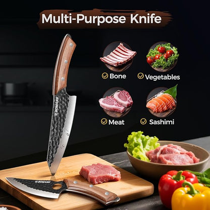 3PCS Hand Forged Japanese Chef Knife Set for Cooking, Kitchen Knife for Meat Cutting, High Carbon Steel Sharp Boning Knife, Chefs Knife, Honing Rod for Camping, BBQ, Outdoor Gift for Men