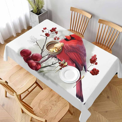 TKS MITLAN Red Cardinal Decorative Rectangle Tablecloth Bird Holly Berry Rustic Winter Polyester Table Cloths Kitchen Table Cover for Dining BBQ Picnic Coffee Table 60 x 84 Inch 6-8 Seats