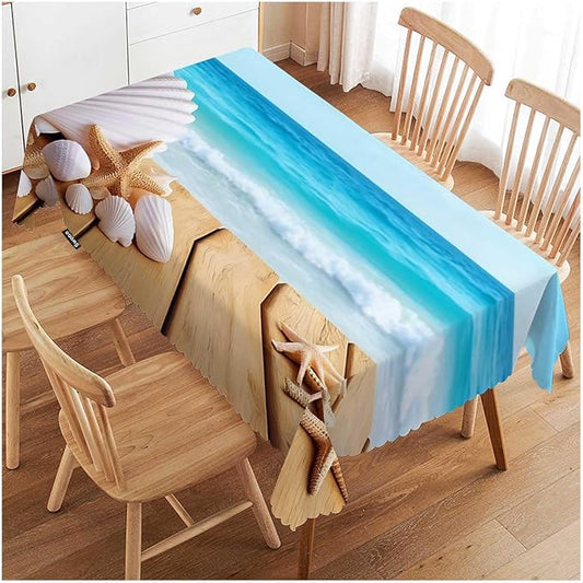 Swono 52x70 Inch Seashells Tablecloth Boardwalk Shells Starfish Sea Ocean Farmhouse Dining Table Cloth Anti-Stain Talking Table Cover for Kitchen Dinning Room Coffee Store