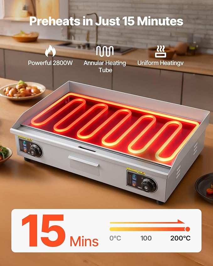 VEVOR Commercial Electric Griddle, 28.54 x 15.75 in, 2800W, 122-570°F Adjustable Temp Control, Stainless Steel Countertop Flat Top Grill with 2 Spatulas, 2 Brushes, and 4 Foot Pads, for Steak